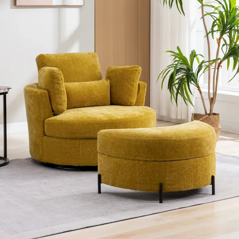 Fauteuil d'appoint pivotant rembourré 42,3 W avec 4 oreillers et pouf de rangement demi-lune