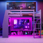 Lit mezzanine gaming Whisen Wood de taille double avec bureau, étagères multi-rangements, LED et une penderie suspendue