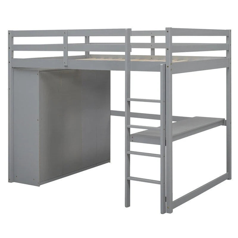 Lit mezzanine en bois pleine grandeur avec armoire intégrée, bureau, étagères de rangement et tiroirs