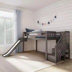 Lit bas mezzanine simple pour enfants avec toboggan et escalier, bois massif, 14 barrières de sécurité, capacité de 180 kg