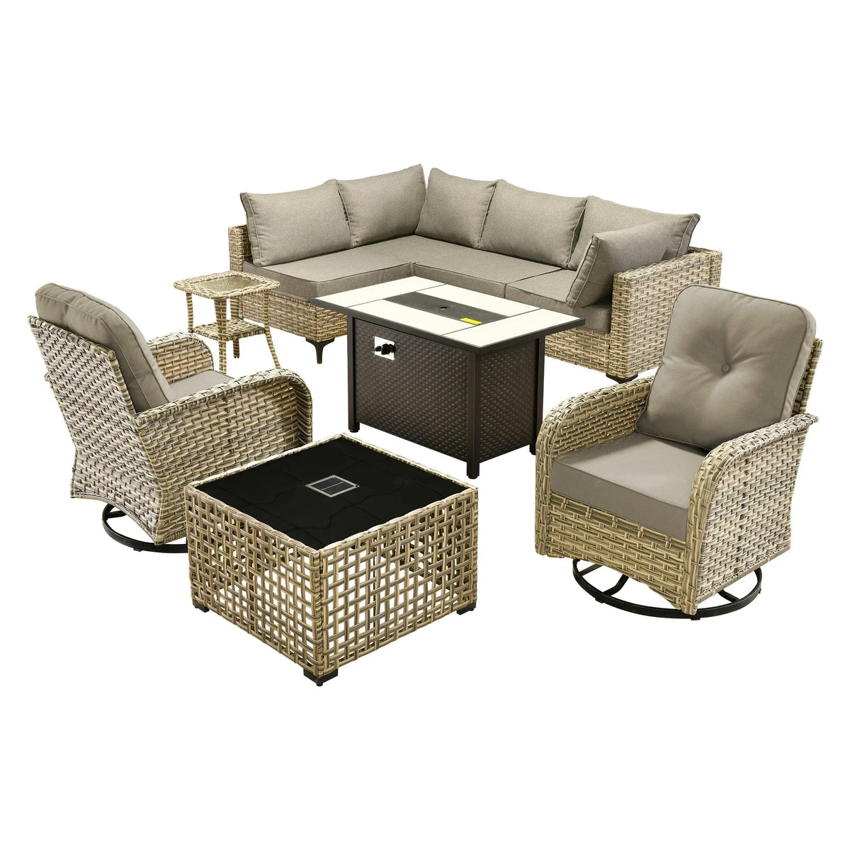 Ensemble de 9 chaises pivotantes en osier d'extérieur OVIOS avec table brasero