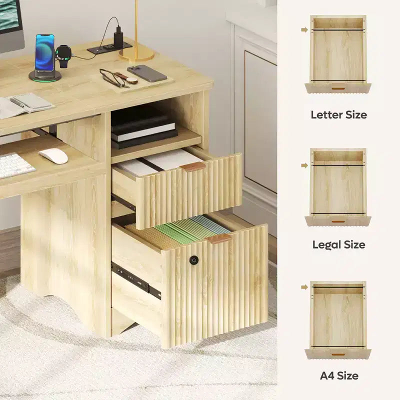 Bureau d'ordinateur intelligent Bestier 55, bureau en chêne avec tiroirs de classement et prise de courant, bureau de direction avec rangement ouvert et tiroir à clavier