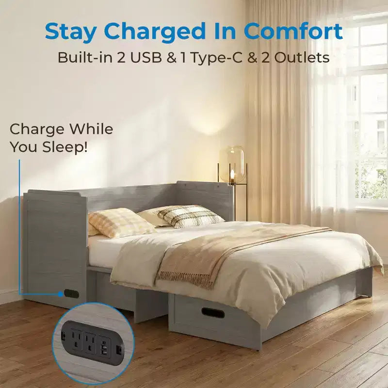Lit armoire escamotable convertible Mjkone Queen Size avec chargement USB, tiroirs de rangement, matelas non inclus