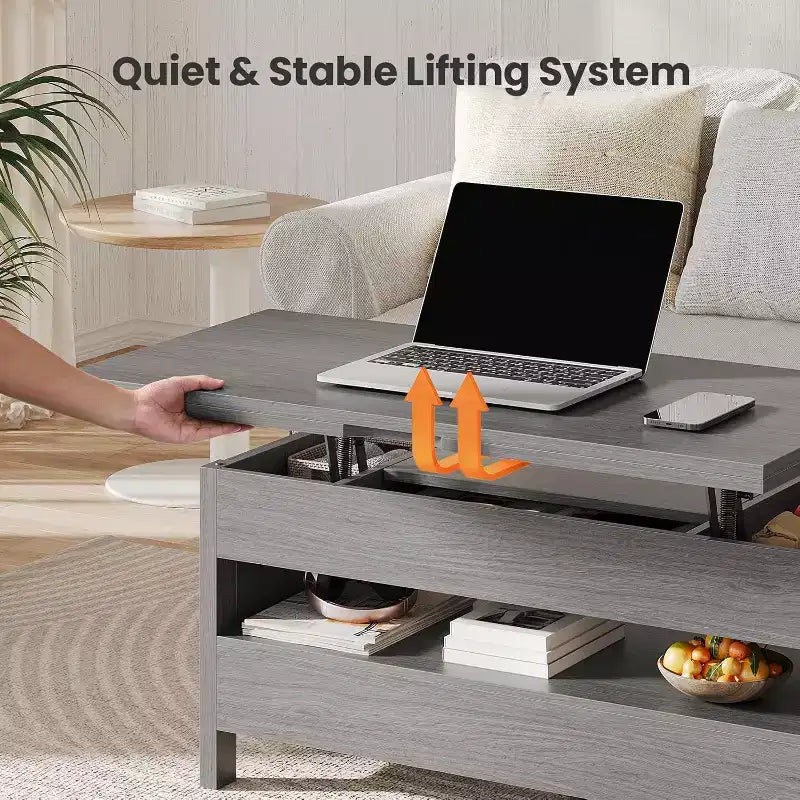 Table basse relevable avec espace de rangement, table basse style ferme, table basse avec deux tiroirs, table basse pour salon et bureau