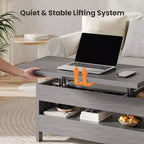 Table basse relevable avec espace de rangement, table basse style ferme, table basse avec deux tiroirs, table basse pour salon et bureau