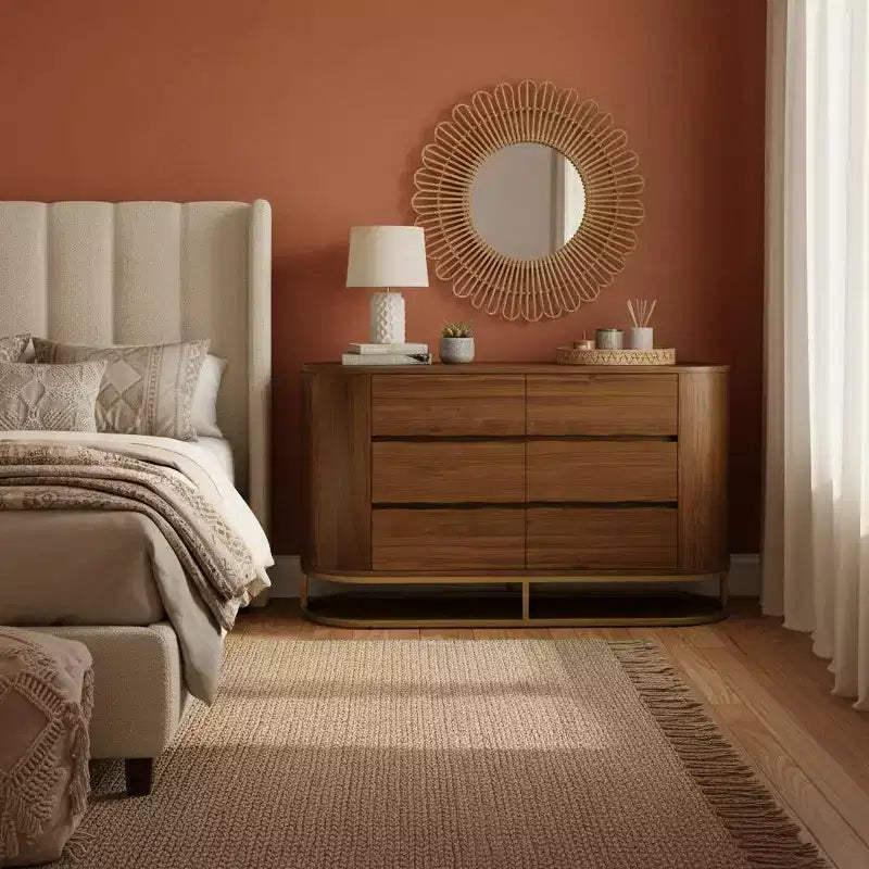 Commode moderne à 6 tiroirs avec plateau Live Edge, piètement en métal et construction en bois mélangé durable