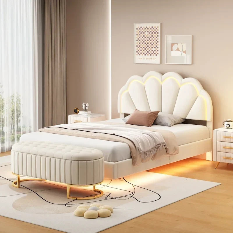 Ensembles de chambre à coucher 2 pièces – Lit plateforme double avec LED et pouf de rangement