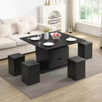 Table basse relevable multifonctionnelle et moderne avec rangement dissimulé, 4 tabourets et roulettes, parfaite pour les espaces de vie modernes.