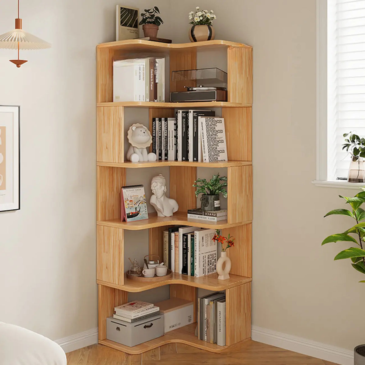 Bibliothèque verticale en bois en L à dos ouvert, finition naturelle