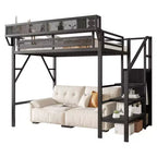 Lit mezzanine jumeau Okak 94IN avec armoire, lit jumeau avec étagères de rangement et panier, cadres de lit pour chambre à coucher, dortoir