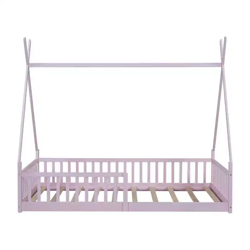 Lit de sol pour enfants, lits cabane doubles, lit de sol Montessori avec lattes et barrières de protection, cadre de lit cabane en bois pour garçons et filles