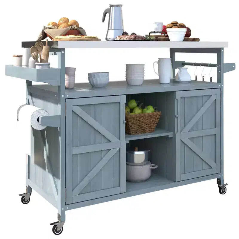 Îlot de cuisine d'extérieur Okak avec plateau en acier inoxydable, chariot de cuisine en bois avec portes, étagères et porte-épices, îlot de cuisine roulant