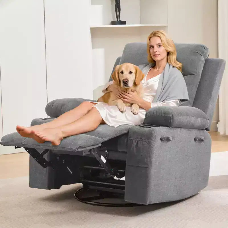 Fauteuil Inclinable Pivotant avec Massage et Chaleur, Fauteuil à Bascule 360° avec Porte-Gobelets et Poches Latérales, Canapé Ergonomique pour Salon, Camping-car, Chambre de Bébé