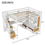 Lit mezzanine en bois massif naturel et blanc avec bureau et tiroirs
