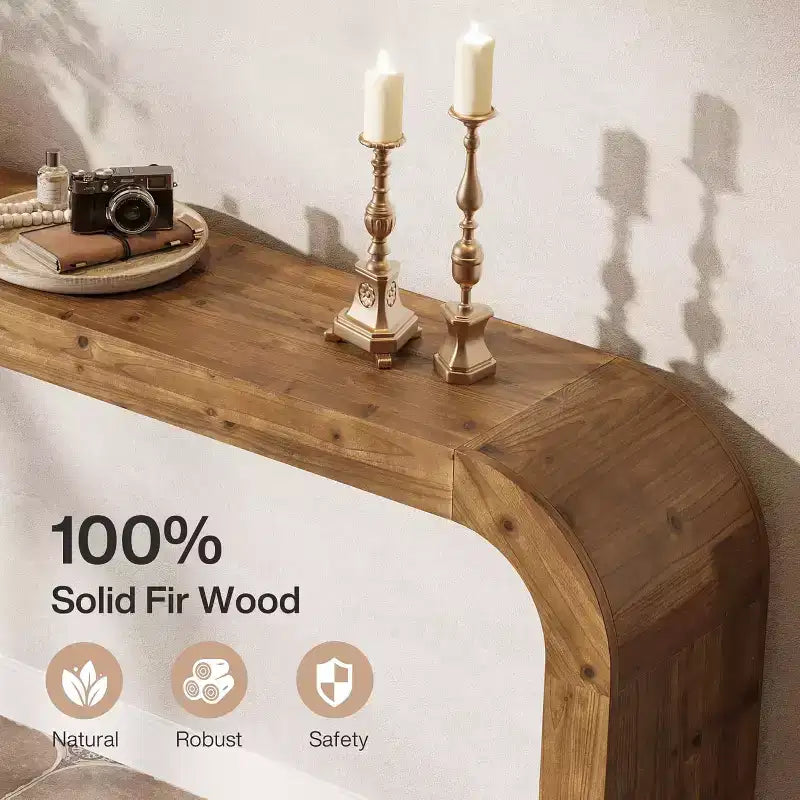 Table console en bois massif Lantine de 180 cm, table de canapé style ferme avec coins cascade pour entrée, salon, derrière le canapé, bois naturel