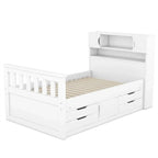 Lit plateforme capitaine double/grand avec 4 tiroirs et étagères de rangement, cadre de lit en bois massif avec tête de lit bibliothèque de rangement