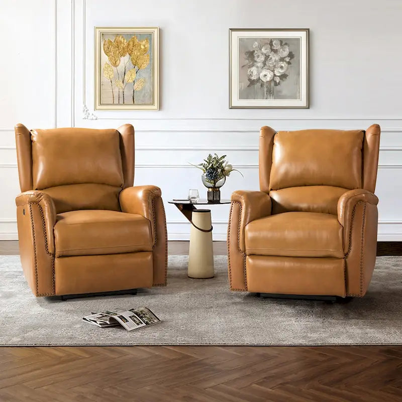 Fauteuil inclinable électrique en cuir véritable avec port USB – Ensemble de 2 fauteuils à oreilles cloutés