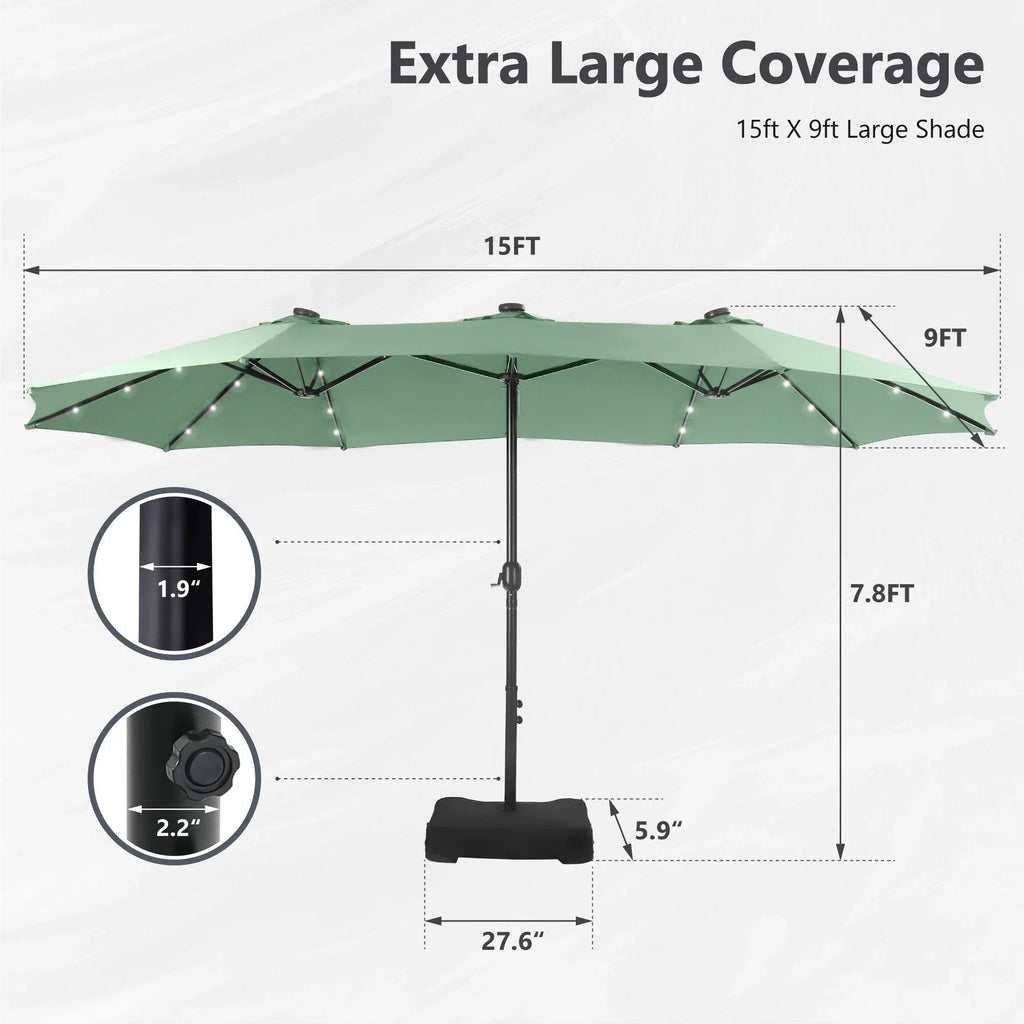 MAISON ARTS Parasol excentré rectangulaire de 4,5 m avec manivelle, parasol de marché double face d'extérieur avec lumières LED solaires et base incluse