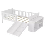 Lit superposé simple Whisen pour enfant avec toboggan, étagère de rangement mobile, balustrades, cadre de lit mezzanine bas