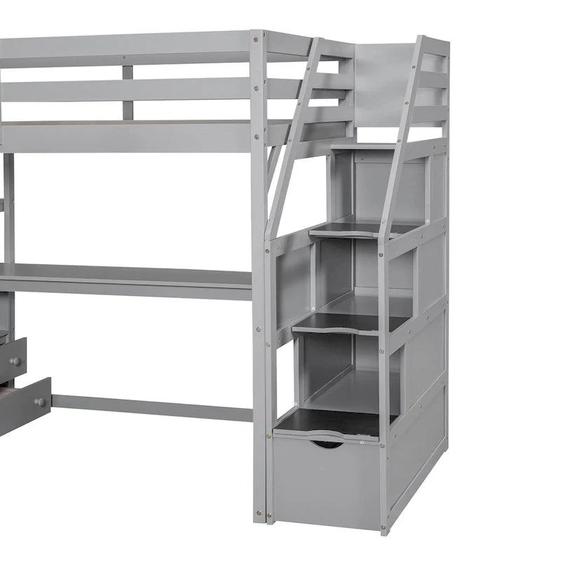 Lit mezzanine taille jumeau avec bureau et étagères, deux tiroirs intégrés, escalier de rangement