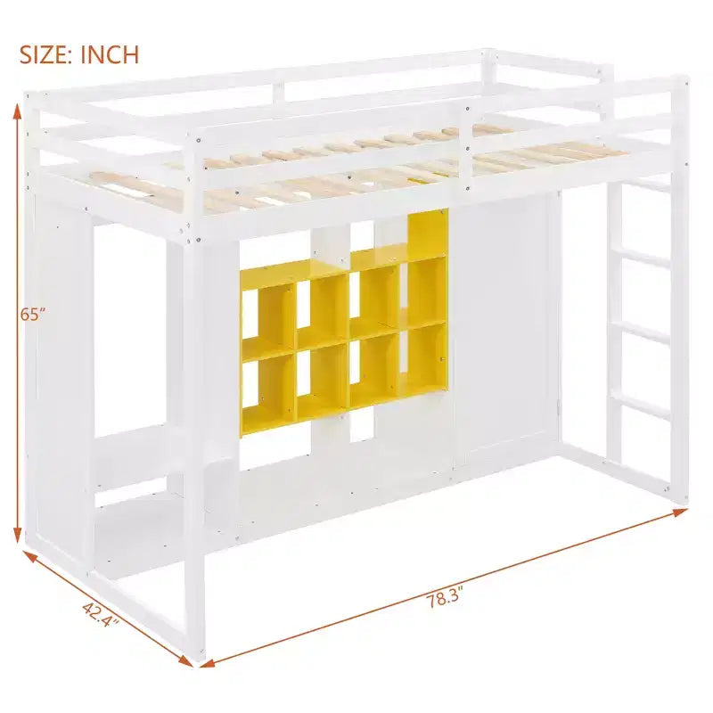 Lit mezzanine enfant avec armoire et étagères, Cadre de lit mezzanine en bois avec meuble de rangement pour enfants et adolescents