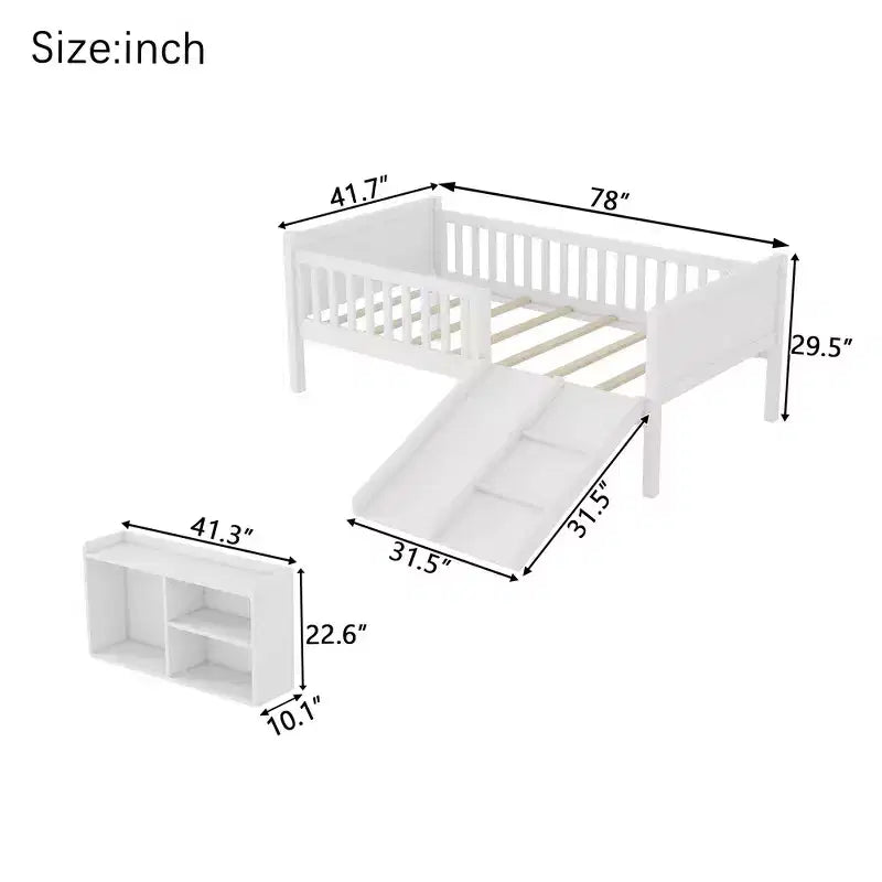 Lit superposé simple Whisen pour enfant avec toboggan, étagère de rangement mobile, balustrades, cadre de lit mezzanine bas
