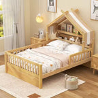 Lit cabane en bois ModernLuxe (taille lit simple/double) avec tête de lit de rangement, cadre de lit pour enfants en pin massif avec barrières de sécurité