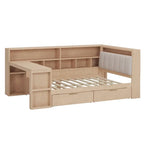 Canapé-lit d'angle en bois en forme de L avec bureau, bibliothèque, lit d'angle avec tiroirs de rangement, tête de lit rembourrée et éclairage intégré