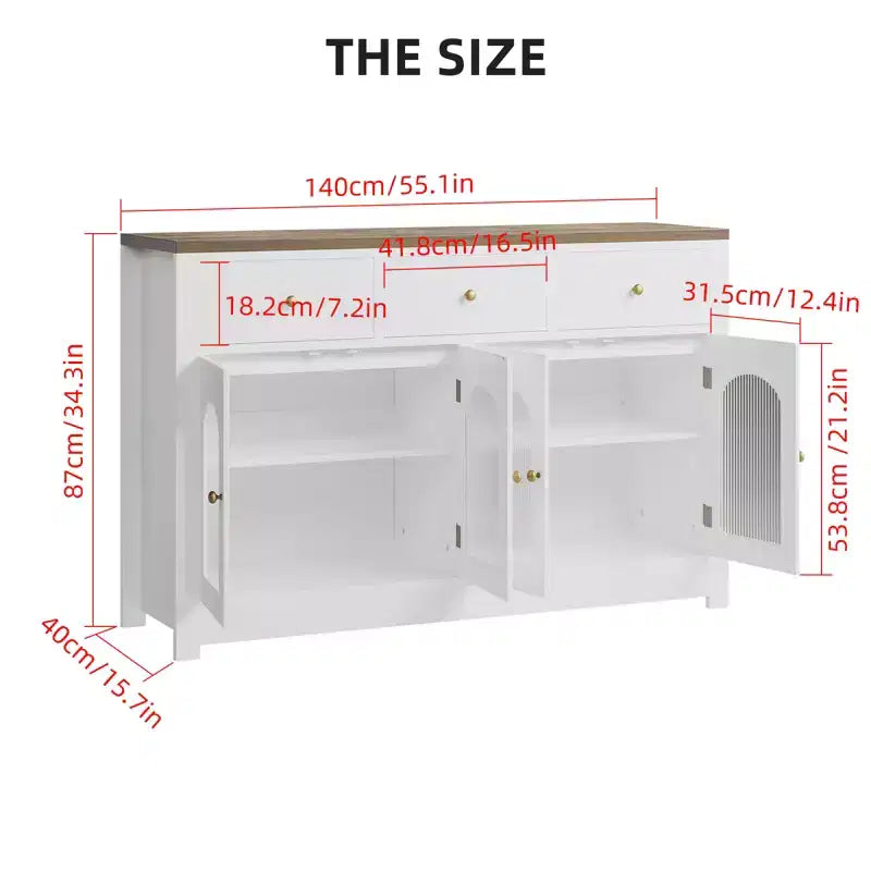 Buffet étroit de 140 cm avec 3 tiroirs et 4 portes pour cuisine, salle à manger, salon