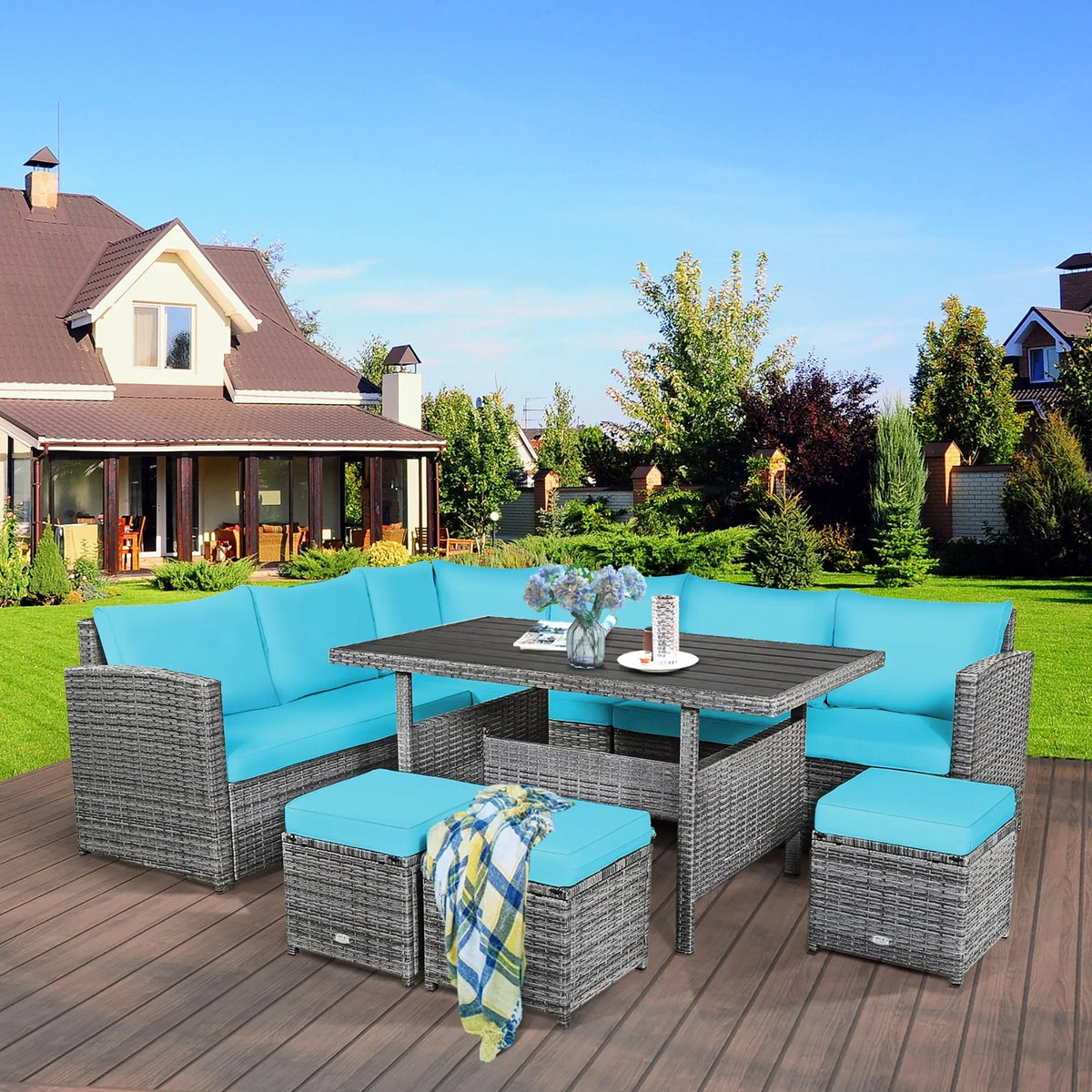 Ensemble de salle à manger Costway 7 pièces en rotin pour terrasse, canapé sectionnel et pouf - Voir détails