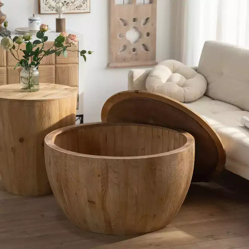 Table basse de rangement ronde et rétro en bois, adaptée au salon, à la salle à manger ou au bureau.