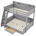 Lit superposé double sur toute la longueur avec rangement, lumières LED et station de charge, lit superposé en bois avec étagères latérales pour enfants et adolescents