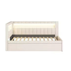 Lit de repos double/complet avec tiroir gigogne et tête de lit bibliothèque en L, lit d'angle doux rembourré en lin avec étagères de rangement et bande LED