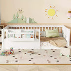 Lit d'enfant Bellemave avec clôture rehaussée et étagère, cadre de lit Montessori double en bois pour filles et garçons