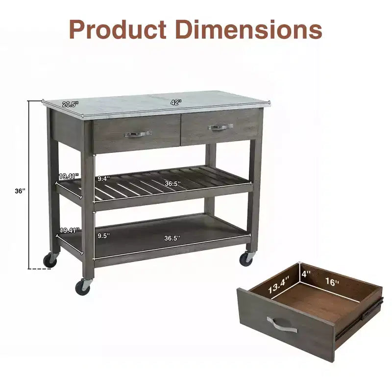 Desserte de cuisine roulante avec plateau en marbre, îlot de cuisine en bois massif avec 2 tiroirs, chariot de cuisine à 3 niveaux avec roues détachables verrouillables et porte-serviettes