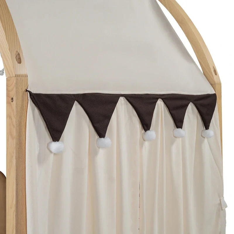 Lit cabane Montessori en bois massif avec plateforme, toit voûté et lit gigogne pour filles et garçons