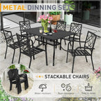 SUNCROWN Salon de jardin 5/7 pièces en acier avec table à lattes métalliques et chaises empilables Structure thermolaquée