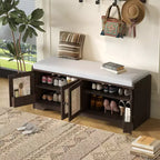 Banc de rangement rustique en bois Whisen, banc à chaussures d'entrée avec coussin amovible, étagères réglables