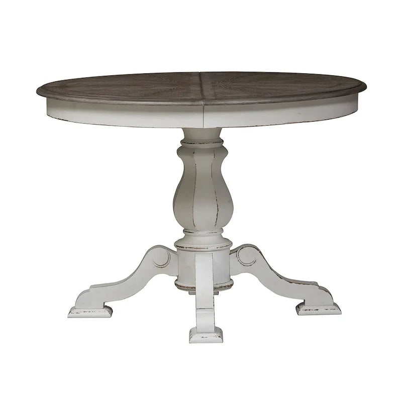 Table à dîner ronde sur pied Magnolia Manor avec rallonges escamotables - 2 finitions