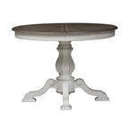 Table à dîner ronde sur pied Magnolia Manor avec rallonges escamotables - 2 finitions
