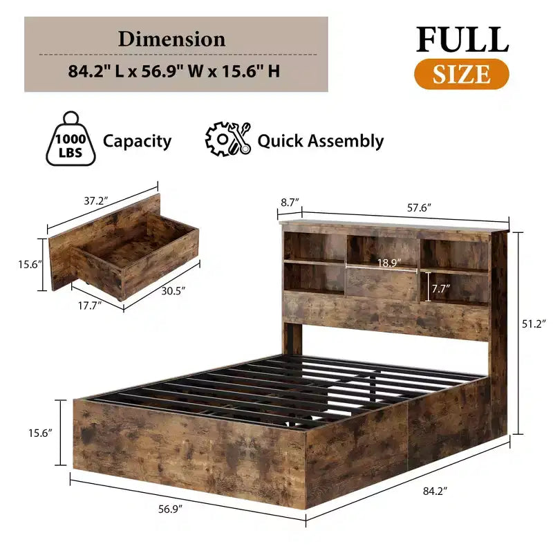 Cadre de lit complet avec tête de lit de rangement, cadre de lit en bois avec 4 tiroirs, bibliothèque de rangement et lit plateforme King Size avec support métallique robuste