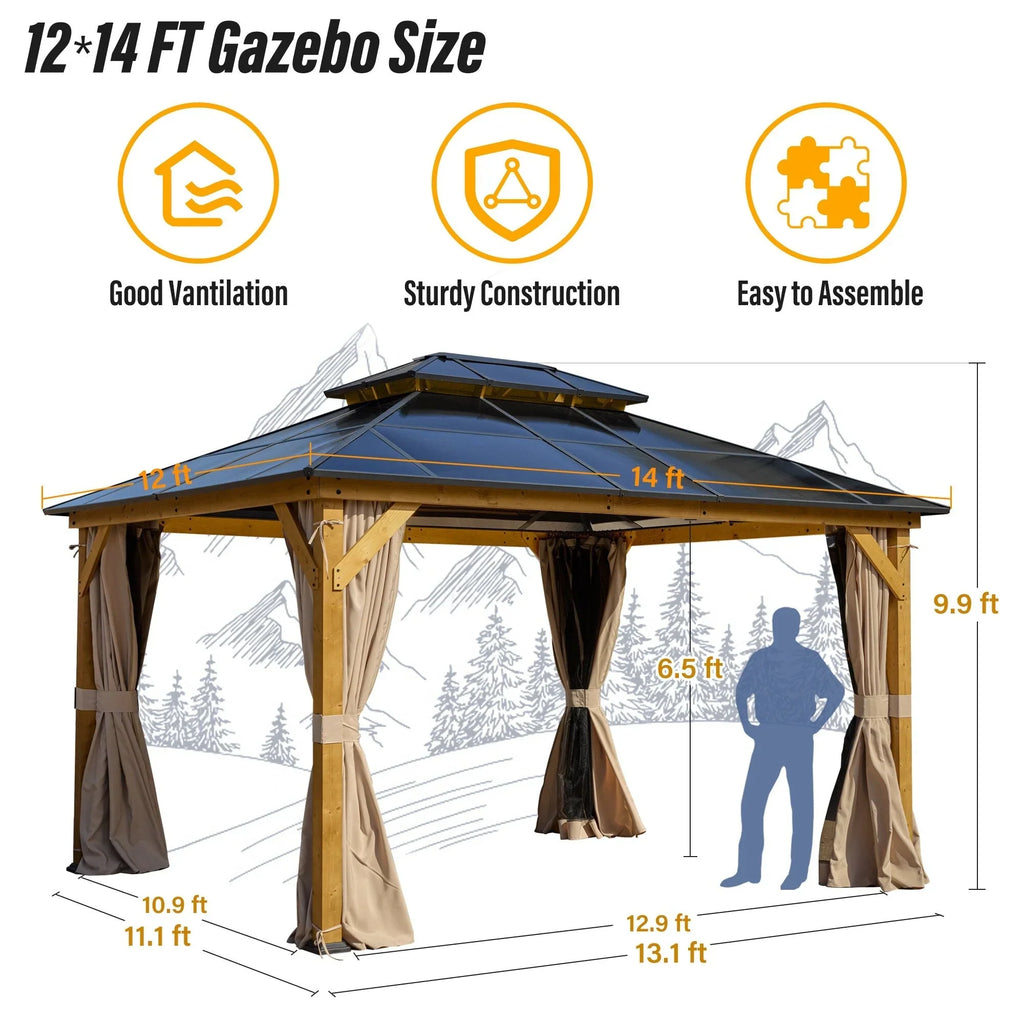 Tonnelle EROMMY à toit rigide, pergola extérieure avec double toit, moustiquaire et rideaux, auvent robuste pour patio, jardin, fête au bord de la piscine