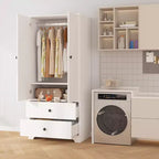 Armoire de chambre moderne en bois de 180 cm avec 2 portes, 2 tiroirs, étagères réglables, armoire de rangement pour vêtements et tringle à vêtements