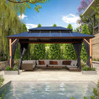 Tonnelle EROMMY à toit rigide, pergola extérieure avec double toit, moustiquaire et rideaux, auvent robuste pour patio, jardin, fête au bord de la piscine