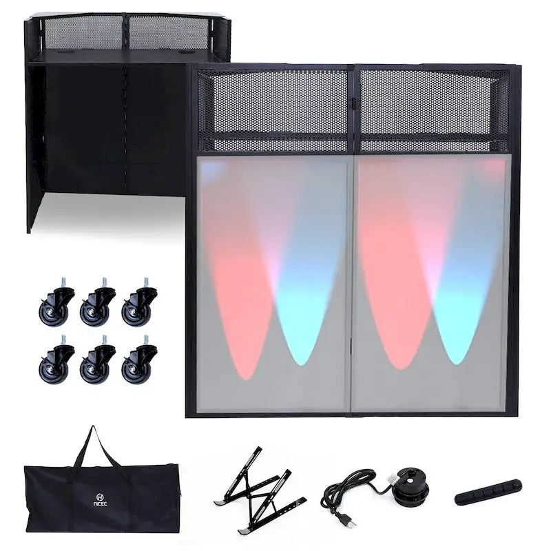 Table de DJ portable avec toiles lumineuses intégrées, étui de transport robuste et dimensions compactes de 40x20 pouces