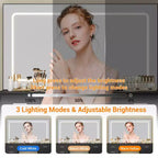 Coiffeuse moderne avec grand miroir, 7 tiroirs, lumières LED, chaise, 3 modes d'éclairage, support pour sèche-cheveux et station de recharge pour chambre à coucher