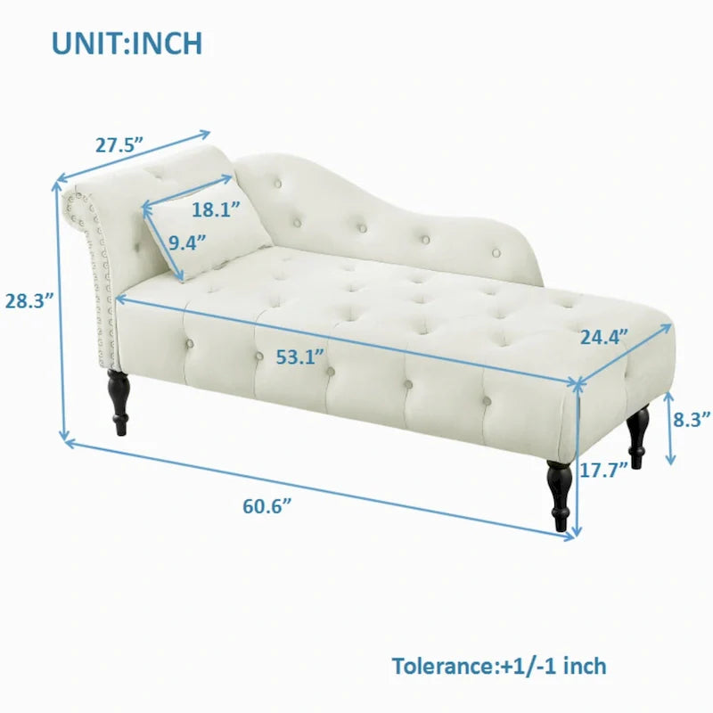 Chaise longue moderne de 154 cm avec revêtement en velours, boutons capitonnés, pieds en bois massif et clous de tapissier