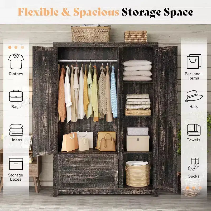 AMERLIFE Armoire de garde-robe de ferme 47 avec 3 portes, 2 tiroirs, tringle à vêtements et étagères réglables, organisateur de placard autoportant