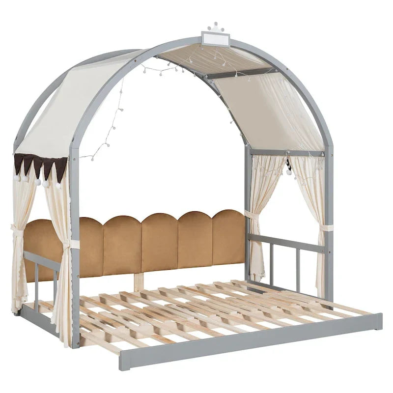 Lit cabane Montessori en bois massif avec plateforme, toit voûté et lit gigogne pour filles et garçons