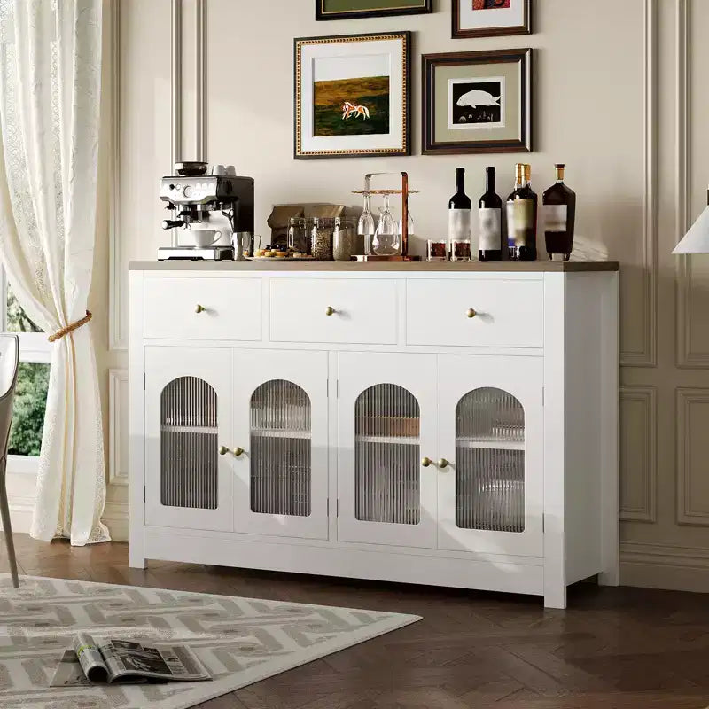 Buffet étroit de 140 cm avec 3 tiroirs et 4 portes pour cuisine, salle à manger, salon